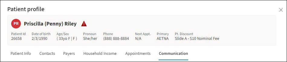 Patient Profile window with Communication tab underlined. 